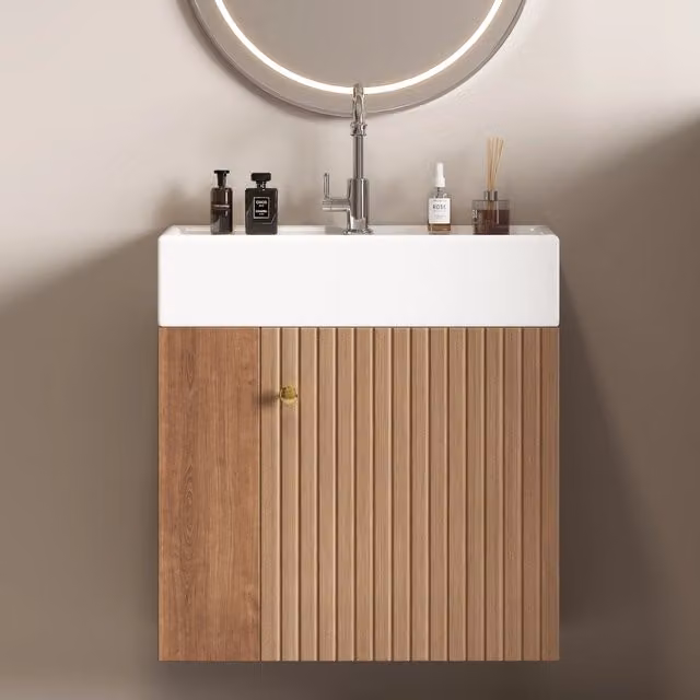 Mobile bagno con lavabo REDOM moderno in MDF marrone lucido con illuminazione LED e ante soft-close, Larghezza: 55 cm