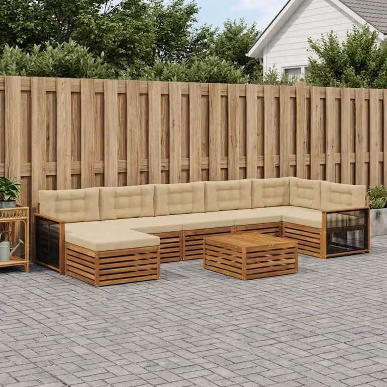 Set di divani da esterno vidaXL a forma di L in legno di acacia con tavolino e pouf, 8 pezzi, Beige e Marrone