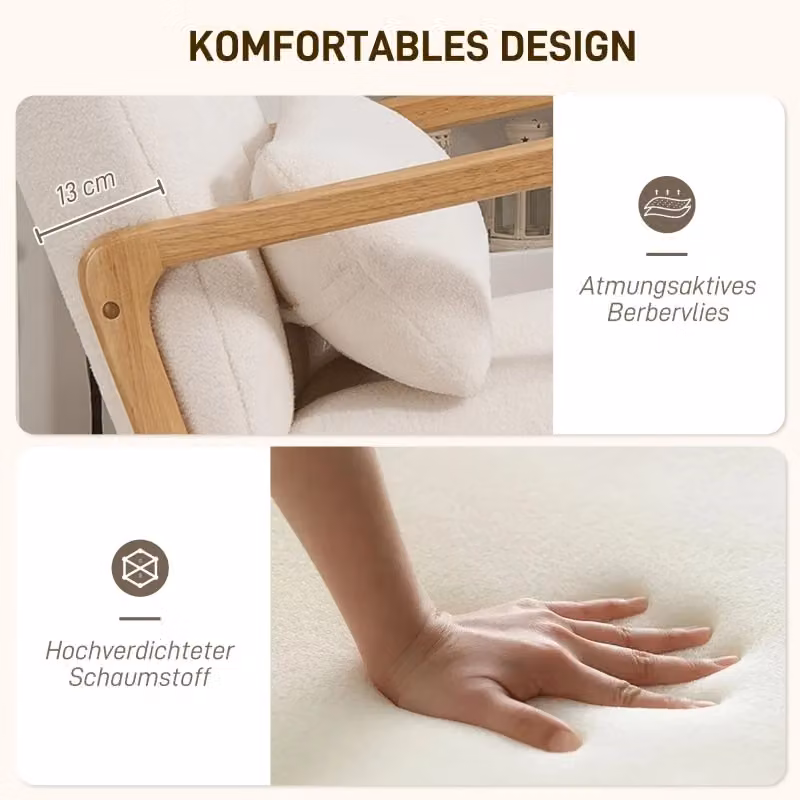 Poltrona a dondolo relax con poggiapiedi REDOM in legno bianco e tessuto, stile scandinavo, L: 64,5 cm, P: 82 cm, H: 99 cm – 2