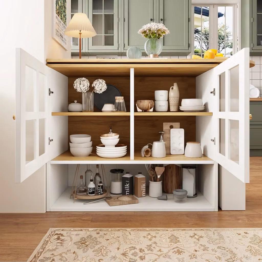 Credenza girevole 360 WISHDOR in MDF bianco con ante in vetro temperato e piano estensibile L/P/H: 138,0 x 102,5 x 39,0 cm – 2