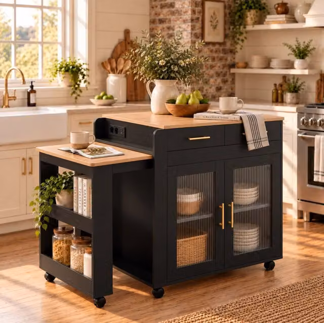 Isola da cucina con piano estensibile 116/177 cm; prese USB e ruote; in truciolare nera