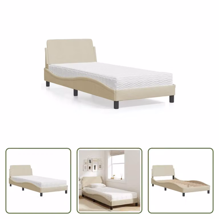 The Living Store Letto con materasso crema 90x190 cm in tessuto