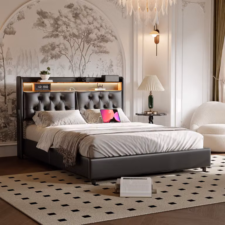 Letto imbottito UnboxG 180x200cm con funzione di ricarica (USB&Typ-c), letto giovanile letto matrimoniale letto contenitore con LED, letto a molle idrauliche, PU, nero