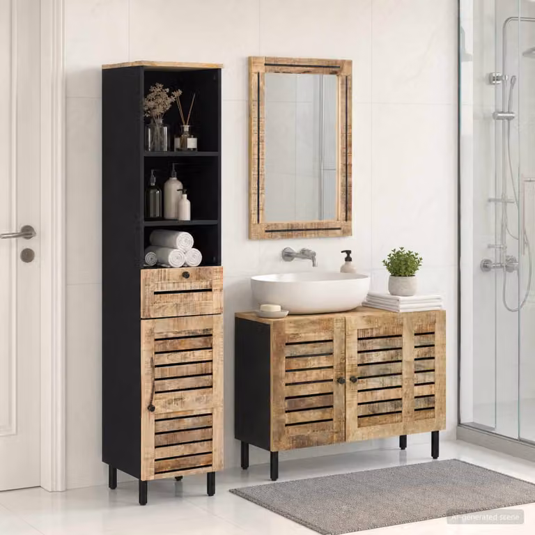Set di armadi da bagno vidaXL 3 pezzi in legno di mango marrone, composto da mobile lavabo, armadietto con specchio e colonna alta, L/P/H: 62,0 x 33,0 x 160,0 cm