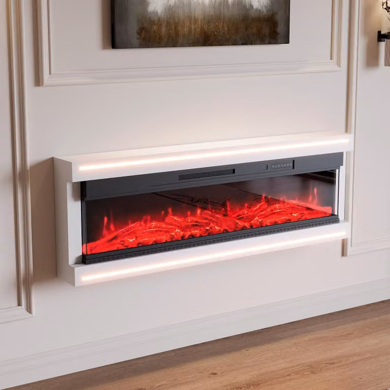 Caminetto elettrico Fortuna Lai 750W/1500W galleggiante da parete con riscaldamento, LED, telecomando, 12 colori di fiamma, telecomando, 127 x 51,3 x 17 cm, bianco