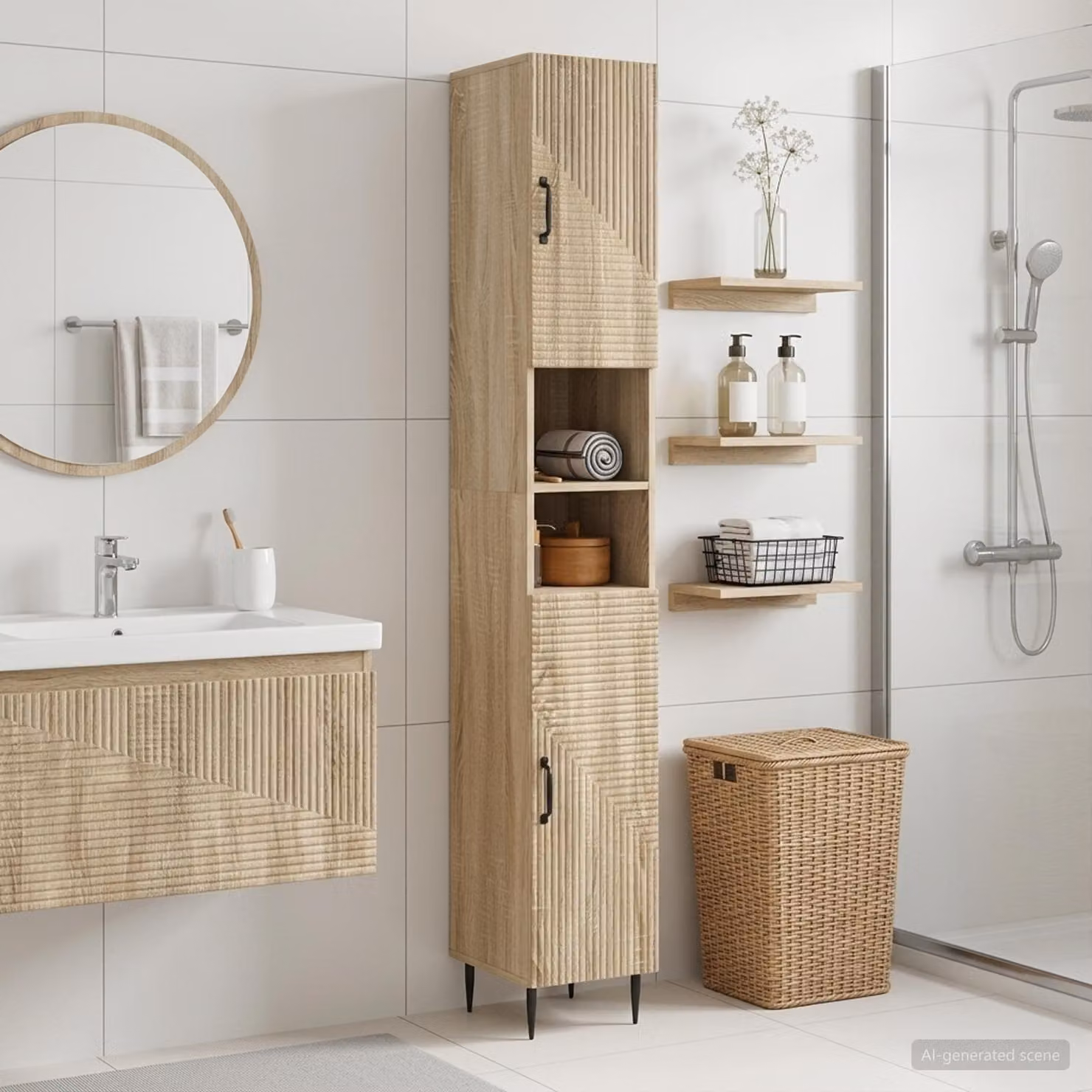 Armadio da bagno moderno vidaXL HAARLEM con ripiano aperto e ante a battente, colore marrone, L/P/H: 31,0 x 23,7 x 190,0 cm