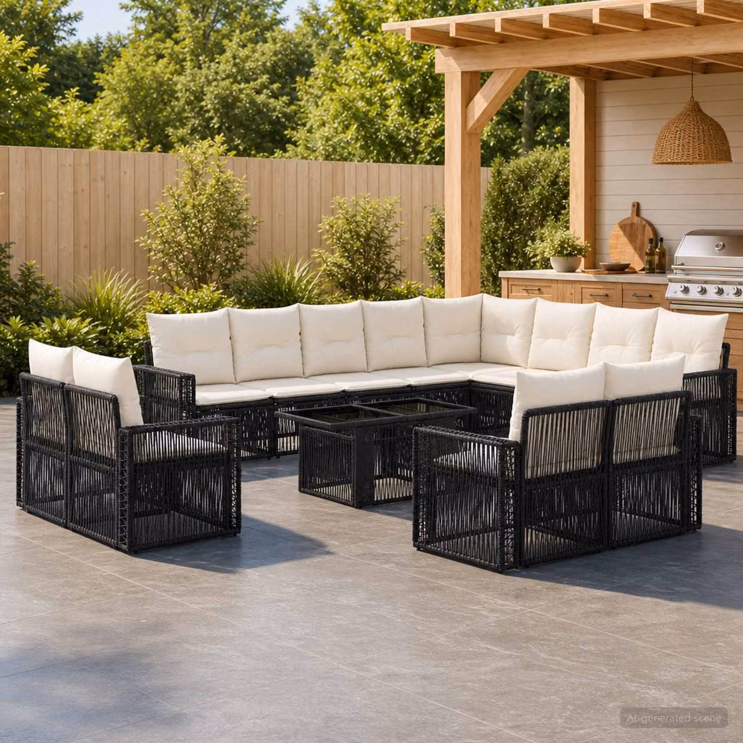 Set Divano da Giardino vidaXL 13 pz in Polyrattan Nero e Bianco Crema con Tavolino e Cuscini