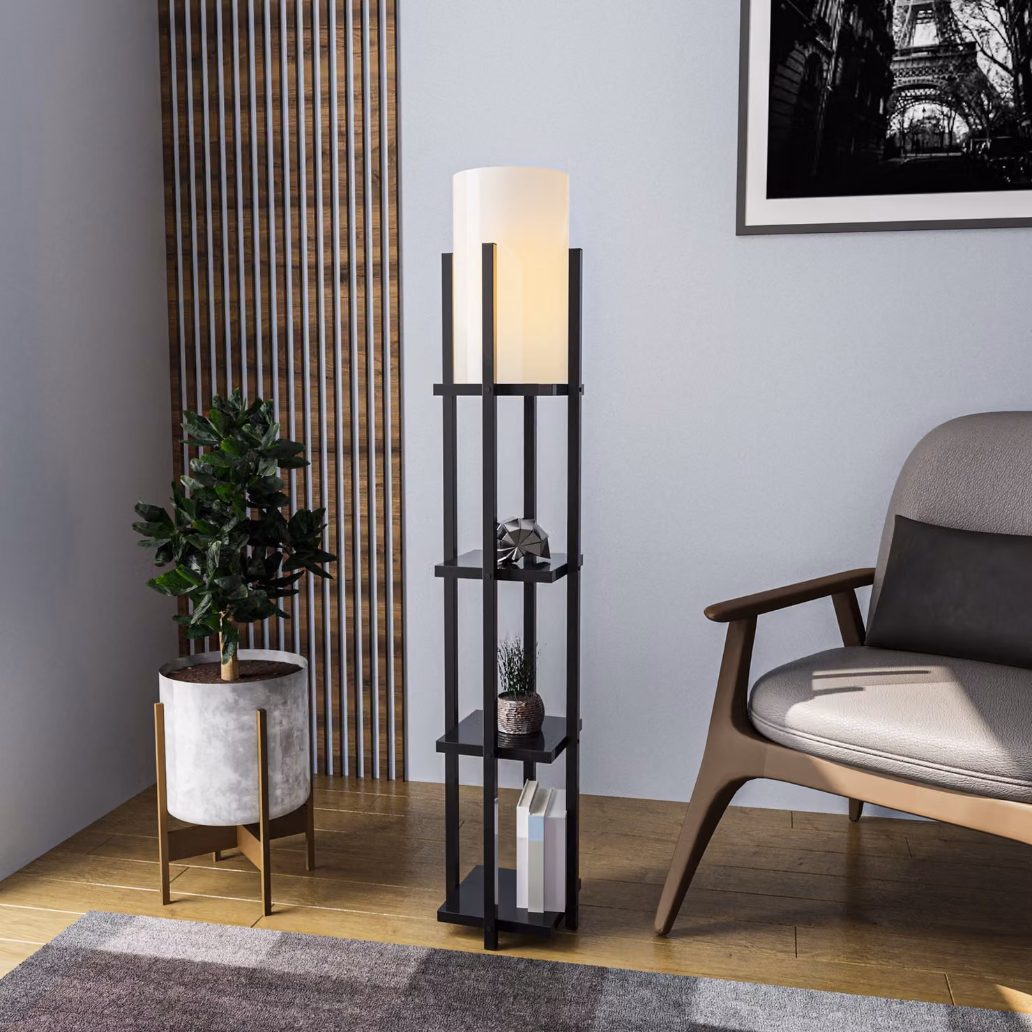 Opviq, moderna lampada da terra con struttura in metallo, nera, altezza 130 cm | Paralume in tessuto Ø 20 cm, attacco E27, max. 40 W | Ideale per gli interni in stile scandinavo, elegante e funzionale.