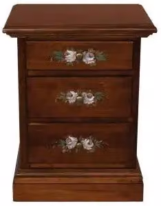 Comodino KIVIO in legno di pino decorato a mano con motivo floreale, colore marrone antico