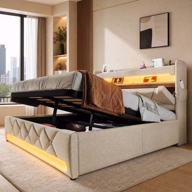 Letto 180x200 cm con contenitore idraulico, LED 360Â°, USB e USB-C, rivestimento in lino beige