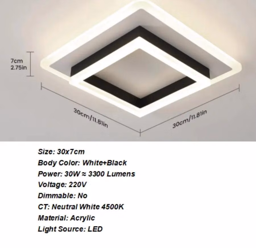 Pannello LED quadrato - Modello A7011 - Lampada a soffitto - 30 W - Bianco neutro 4000 K - Nero - Adatto per ambienti da 10 a 15 m² - Non dimmerabile