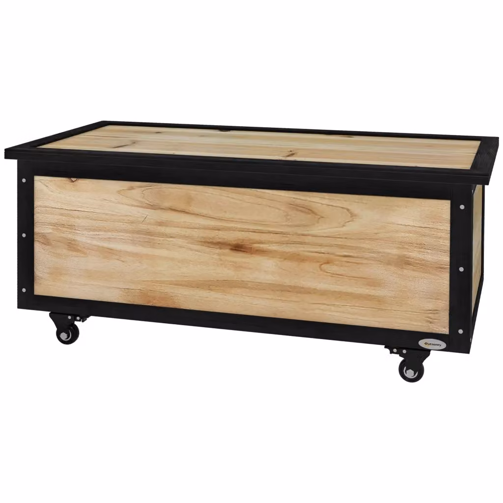 Baulo da giardino esterno Zephmum in legno di abete con 4 ruote, colore naturale nero, L 100 cm x P 50 cm x H 43 cm – 2