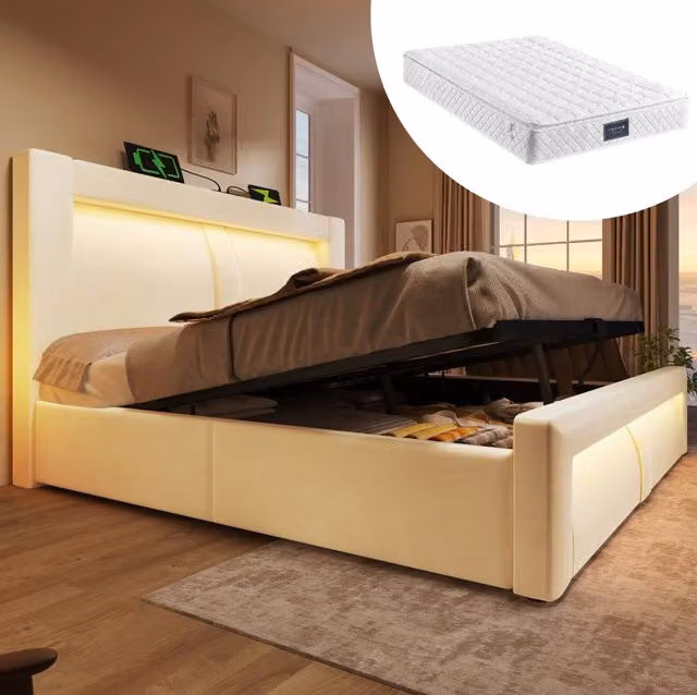 Letto contenitore idraulico 140x200 cm in velluto beige; LED con app; USB e Type-C; con materasso