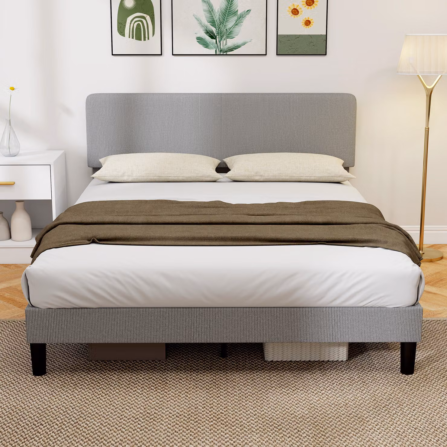 Struttura letto matrimoniale HOMCOM in velluto a coste grigio con rete a doghe in legno e testiera regolabile, L 160 x P 200 cm – 2