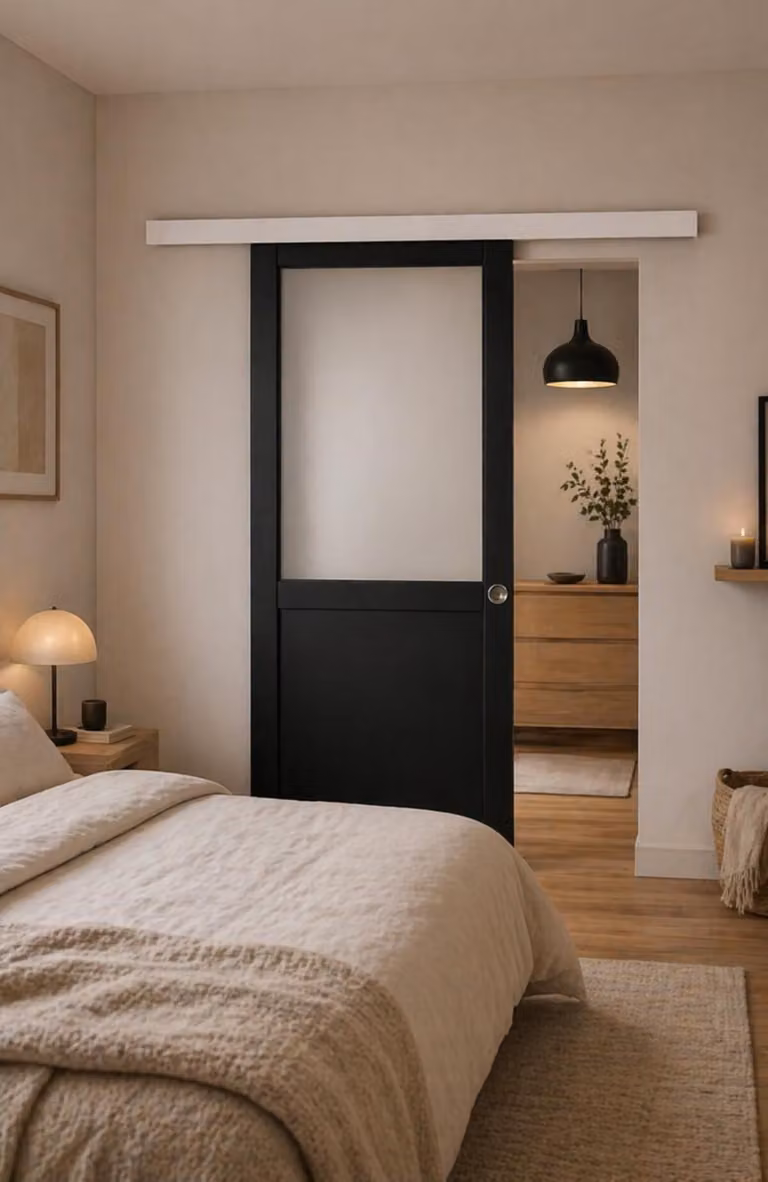 Porta scorrevole Athena nera H204 x L83 cm, binario in alluminio con fascia bianca, conchiglie Gd Menuiseries