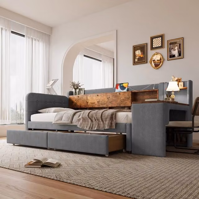 Letto moderno con cassetti e scrivania reversibile con porte USB e Type C, colore grigio, L/P/H: 200 x 90 x 101,5 cm