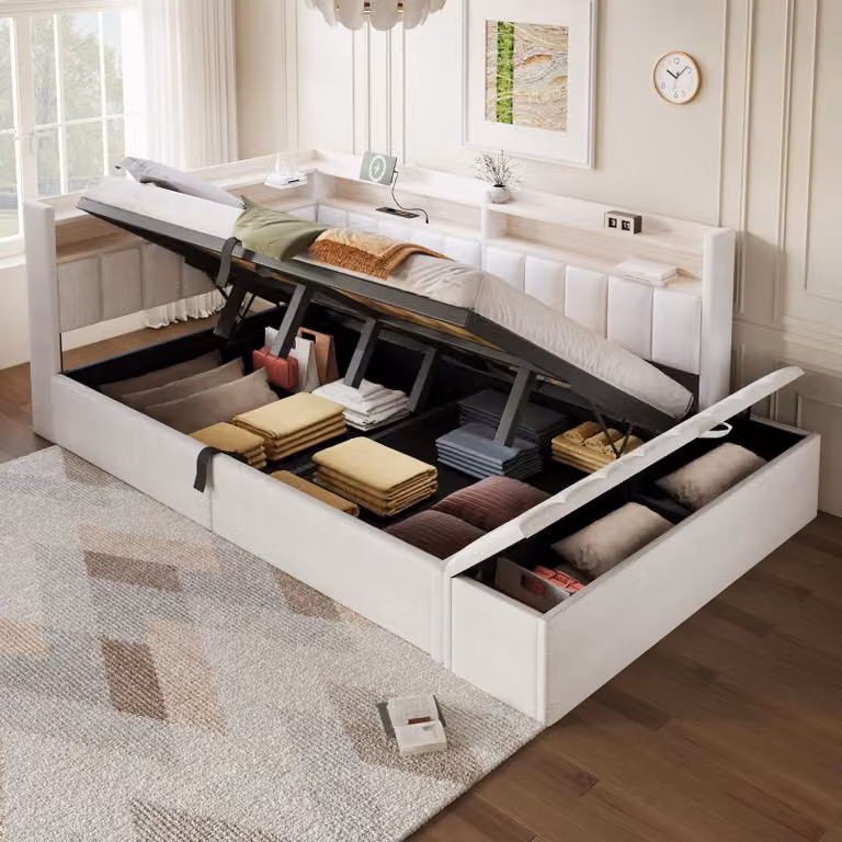 Divano letto Flieks 140x200 cm con poggiatesta, divano letto giornaliero con USB e LED, letto imbottito idraulico per ragazzi con spazio contenitivo, letto matrimoniale in velluto, bianco
