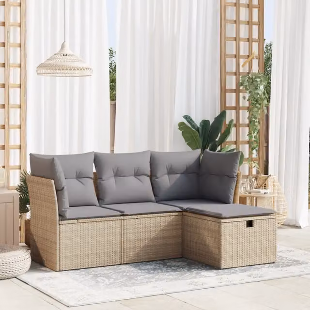 Set Divano da Giardino 4 pz con Cuscini Beige in Polyrattan 3325255