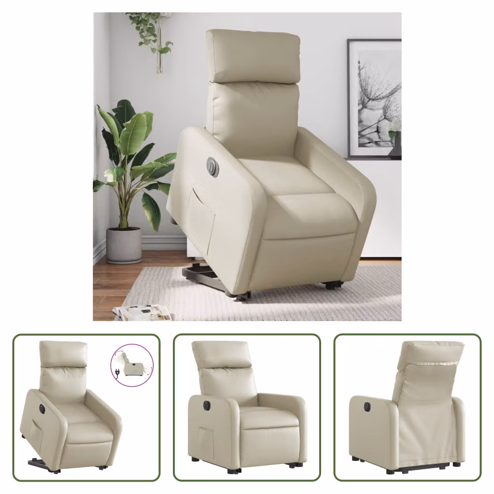The Living Store Poltrona relax con supporto elettrico in Pelle finta color crema