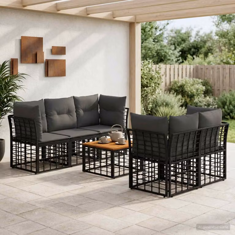 Set di divani da esterno vidaXL in rattan con cuscini, 6 pezzi, Nero e Grigio scuro