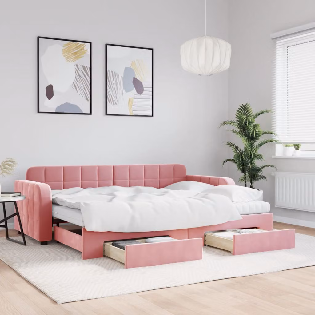vidaXL Divano Letto Estraibile in Velluto Rosa con Cassetti L/P/H: 223 x 80 x 91 cm