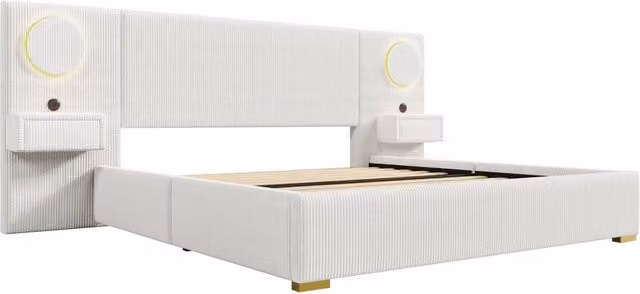 Letto matrimoniale moderno in velluto beige con testiera LED, porte USB e cassetti laterali, L/P: 180 x 200 cm