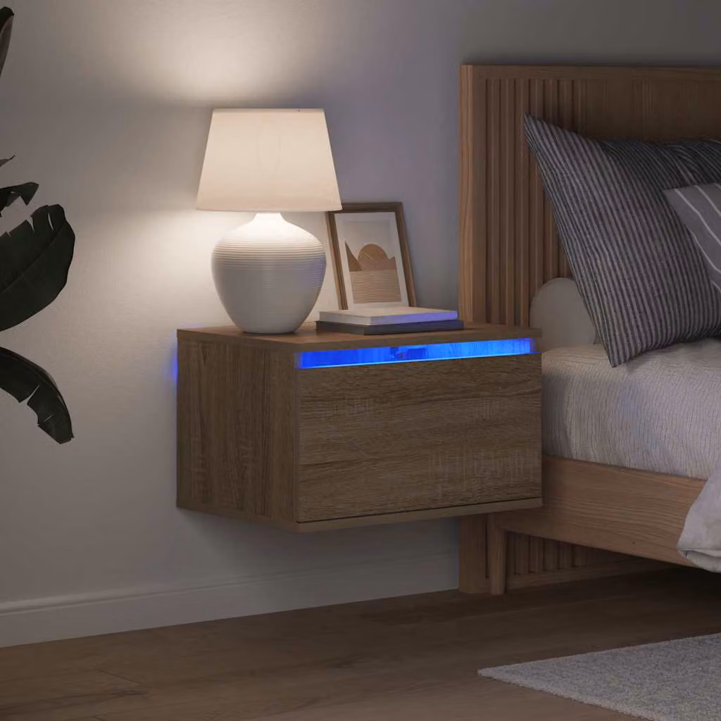Set di 2 comodini da parete vidaXL con luci LED integrate in Rovere Sonoma marrone opaco