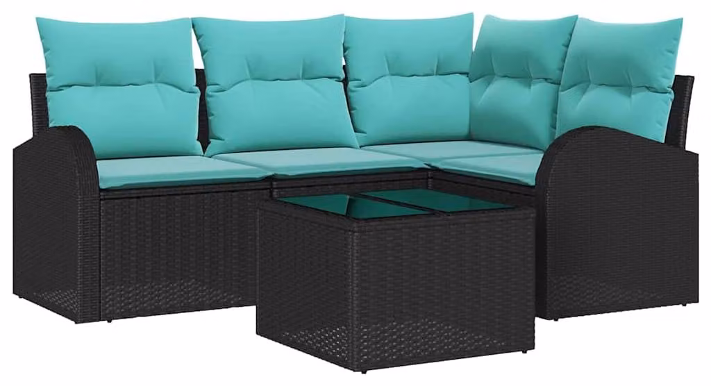 Set da giardino composto da 5 pezzi, in rattan sintetico nero e turchese
