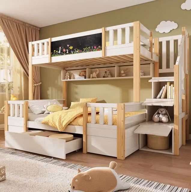 Letto a castello ULEVR 90x200 e 140x200 cm con scaletta contenitore, cassetti e lavagna, bianco e naturale