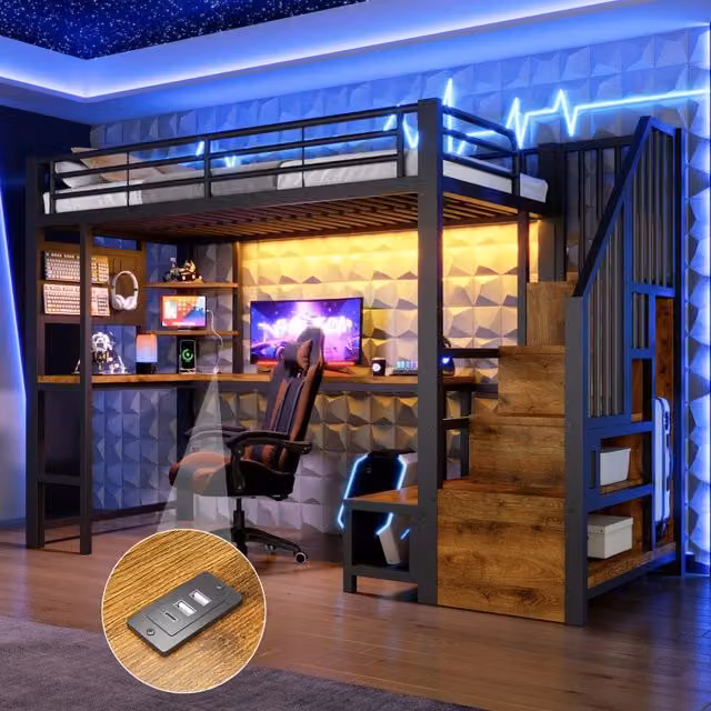 Letto a soppalco 90 × 200 cm 1 posto con scrivania, LED, USB e porta tipo C, senza materasso, in metallo nero