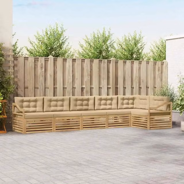 Set di divani da esterno vidaXL a forma di L composto da 6 pezzi in legno di acacia con cuscini in tessuto bianco e beige