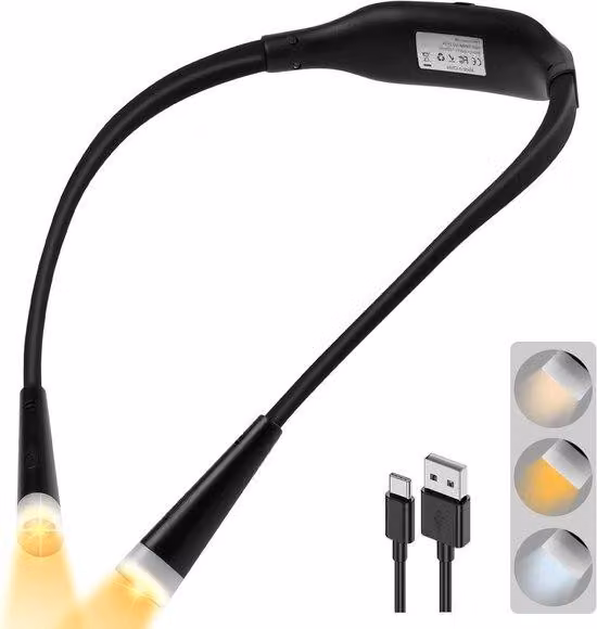 Lampada da lettura a LED regolabile in intensità e con 3 colori, braccio flessibile e cavo USB, ideale per leggere, lavorare a maglia e il campeggio