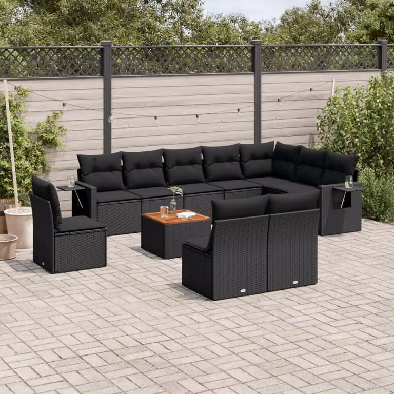 vidaXL Set Divani da Giardino 11 pz in Polyrattan Nero con Cuscini e Tavolino