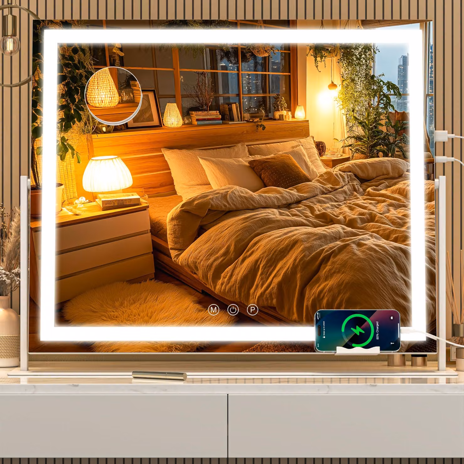 Specchio da trucco a LED, 60x50 cm, con 3 tonalità di luce, dimmerabile, alimentazione USB, girevole a 360°