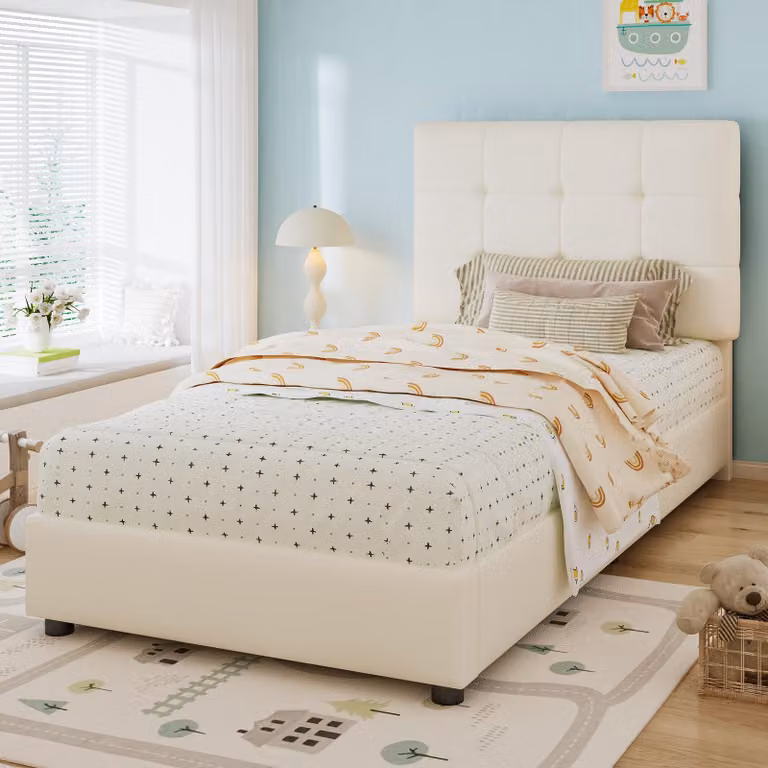 Letto imbottito Merax 90x200 con testata a forma di biscotto, letto per bambini con schienale e bordo anticollisione, letto in legno letto singolo con rete a doghe, beige
