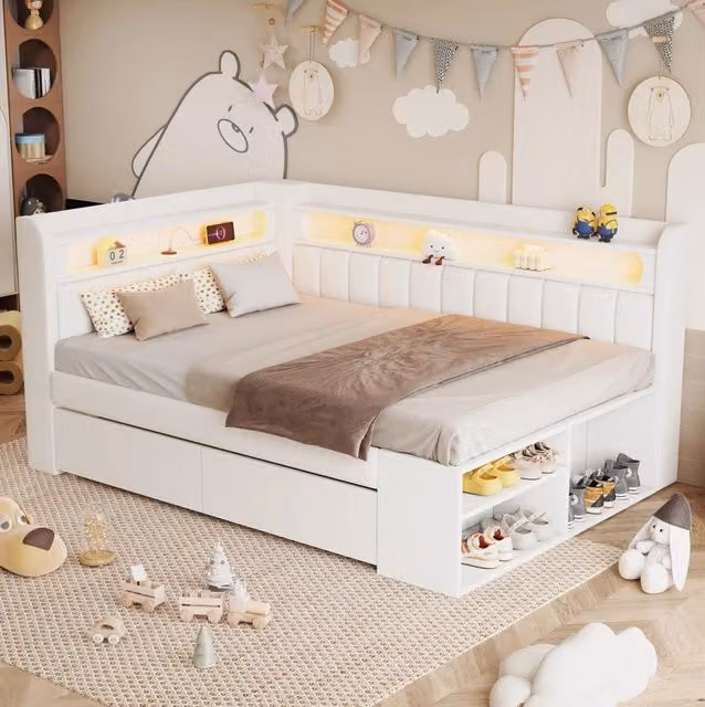 Letto imbottito 90x200 cm bianco con LED 7 colori, USB, 2 cassetti e scarpiera