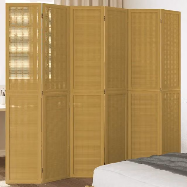Divisorio Ambienti Moderno vidaXL con 6 Pannelli Geometrici in Legno di Paulownia e Bambù, Colore Marrone, H: 215 cm x L: 200 cm