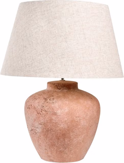 Lampada da tavolo BELIANI in stile rustico con base in ceramica marrone e paralume in tessuto beige per soggiorno o camera da letto