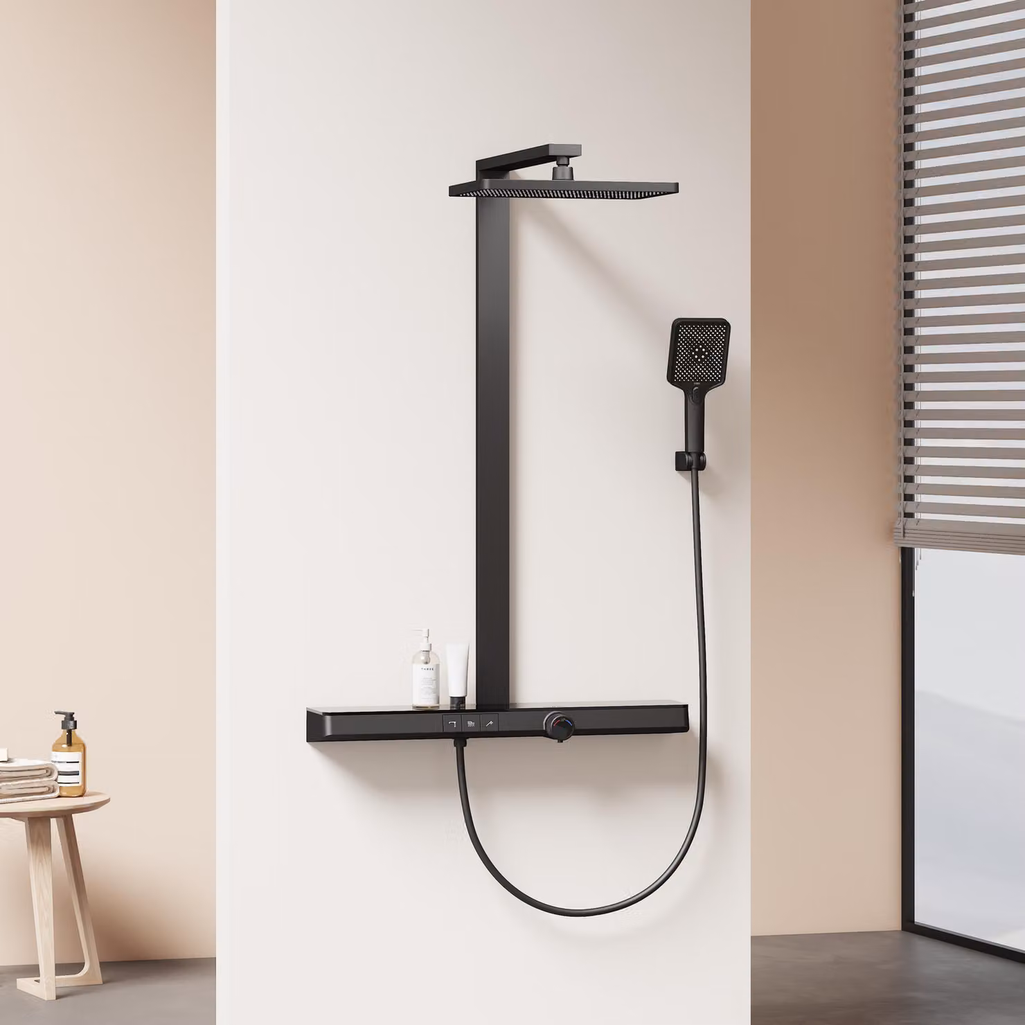 Sistema doccia EMKE Set doccia con termostato, ripiano in vetro extra-largo da 710 mm, doccia a pioggia, rubinetteria per vasca e doccia nero opaco