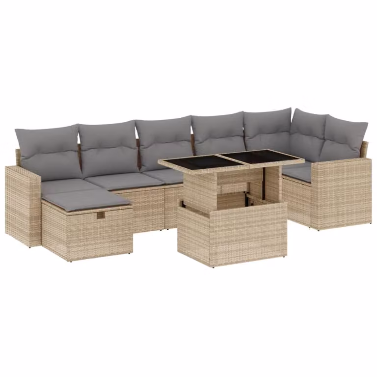 Set Divano da Giardino 8 pz con Cuscini Beige in Polyrattan