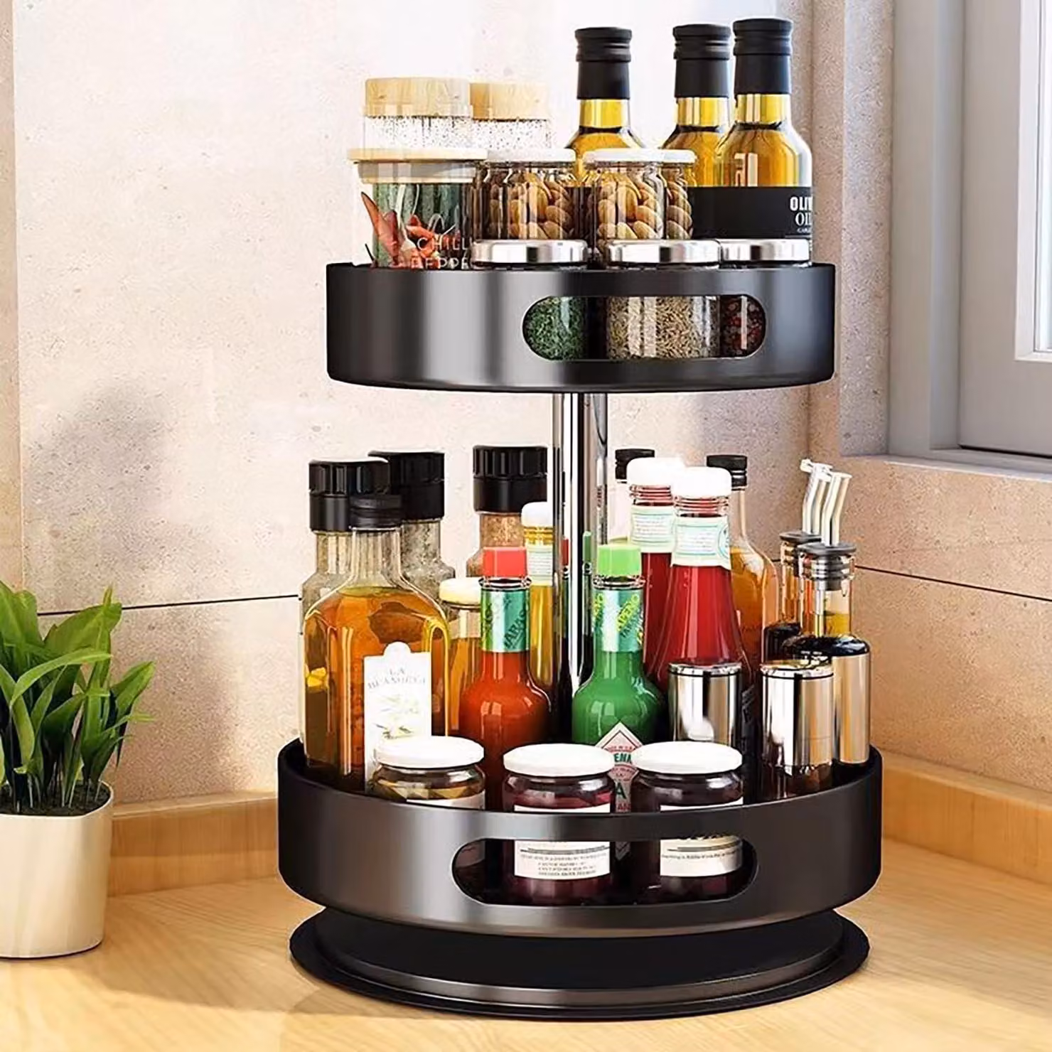 Omgoods - Porta spezie regolabile in altezza - Rotante - Doppio ripiano - Acciaio al carbonio - Organizzatore per la cucina - Design pratico - Organizzatore da cucina