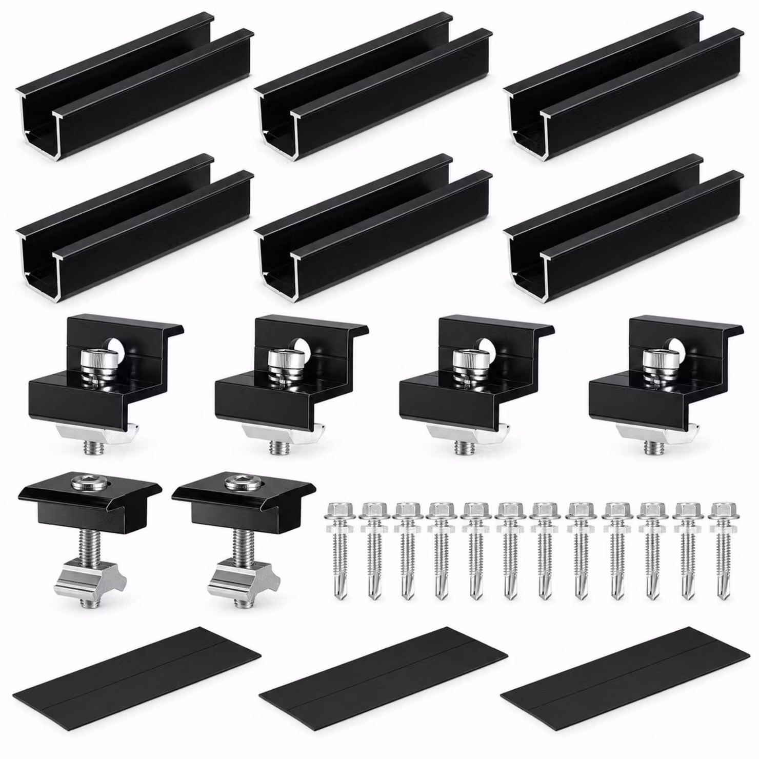 6 set di supporti per pannelli solari, 12 cm di binario di montaggio fotovoltaico in alluminio, morsetti neri regolabili per moduli di spessore da 30 a 35 mm