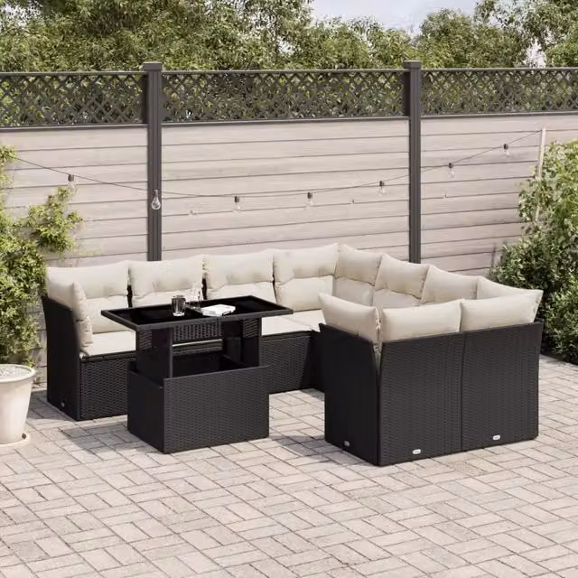 Set Divani da Giardino 9 pz con Cuscini Nero in Polyrattan 3266426