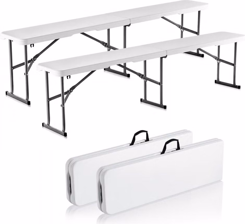 Set di 2 panche pieghevoli - Panca da birra pieghevole 182 cm Bianco - Ideale per il campeggio e il giardino - Seduta robusta e salvaspazio