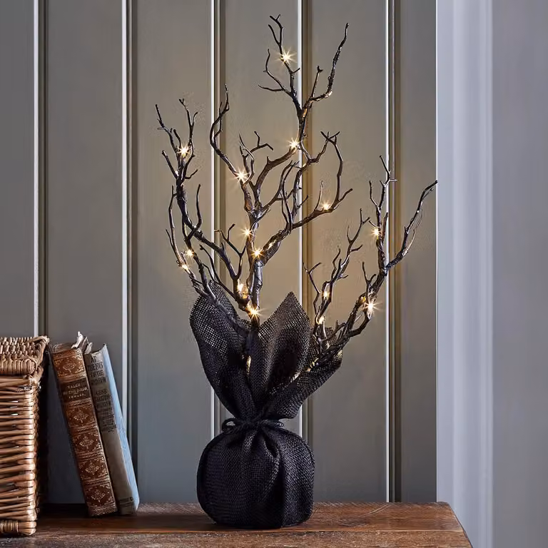 Albero di Natale a LED, 50 cm, nero, luce bianco caldo, con timer, ideale per Halloween