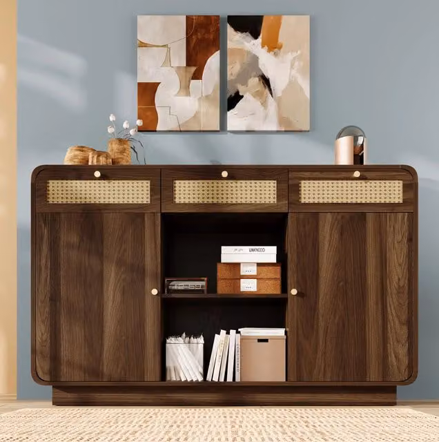 Credenza in legno e rattan marrone con vani e cassetti per soggiorno, Larghezza: 120 cm