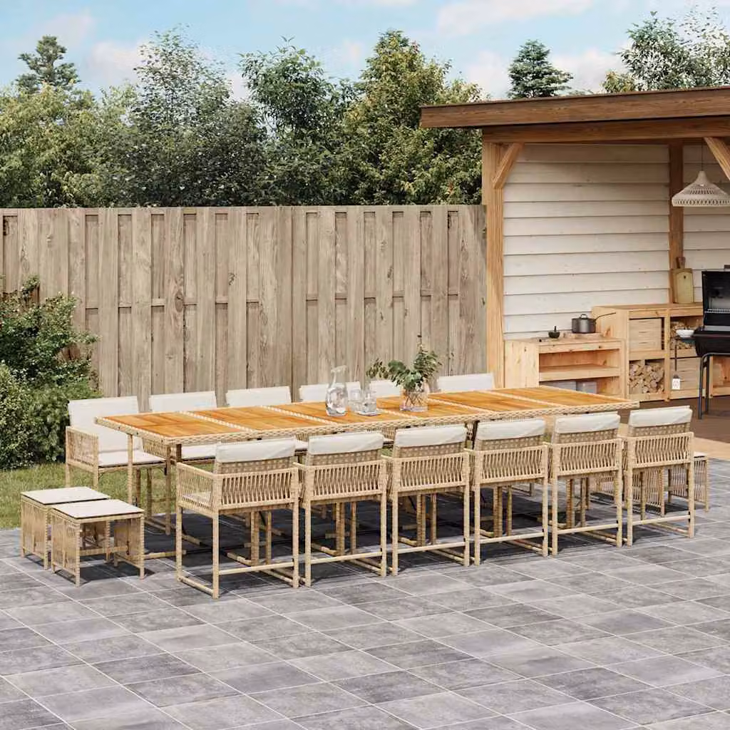 Set da Pranzo da Giardino vidaXL in Polyrattan con Cuscini Beige e Legno di Acacia, 17 Pezzi