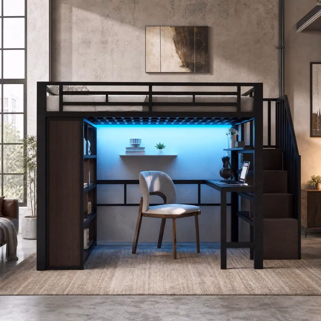 Letto a soppalco MIVRAY nero con scrivania, ripiani, scala contenitore e illuminazione LED in metallo e MDF, L/P: 140 x 200 cm – 2