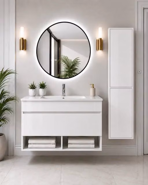 Mobile bagno sospeso con lavabo ORIGENBATH NEBARI con cassetto con colonna 100x45 cm bianco con colonna