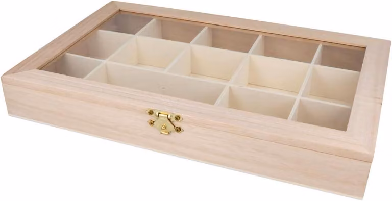 Contenitore in legno per l'organizzazione, con 14 scomparti, dimensioni 30x19x4 cm, ideale per materiali da bricolage
